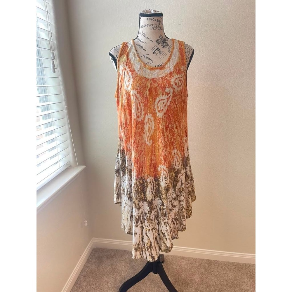 Orange Paisley Tie Dye Sharkbite Hem Boho Tunic Dress Sleeveless Embroidered